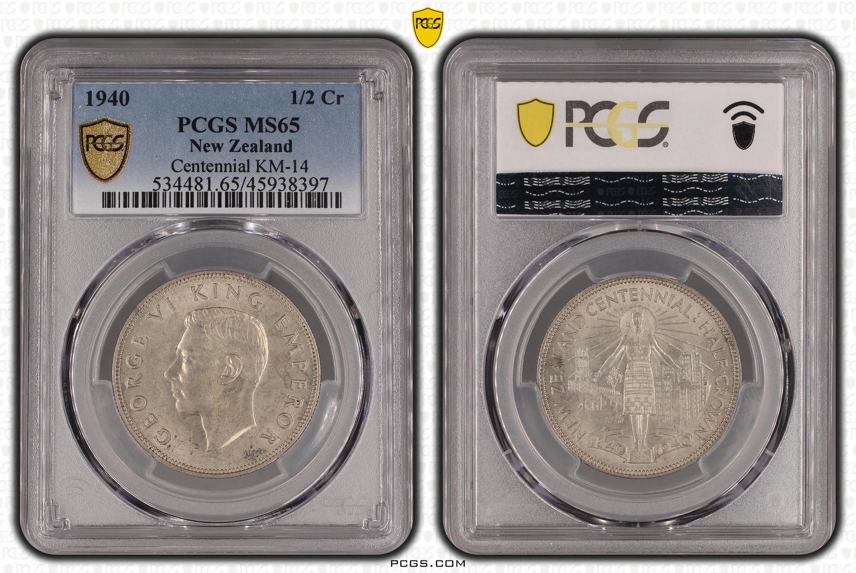 1940 New Zealand 1/2 Crown Silver Centennial KM-14 PCGS - MS65 -397