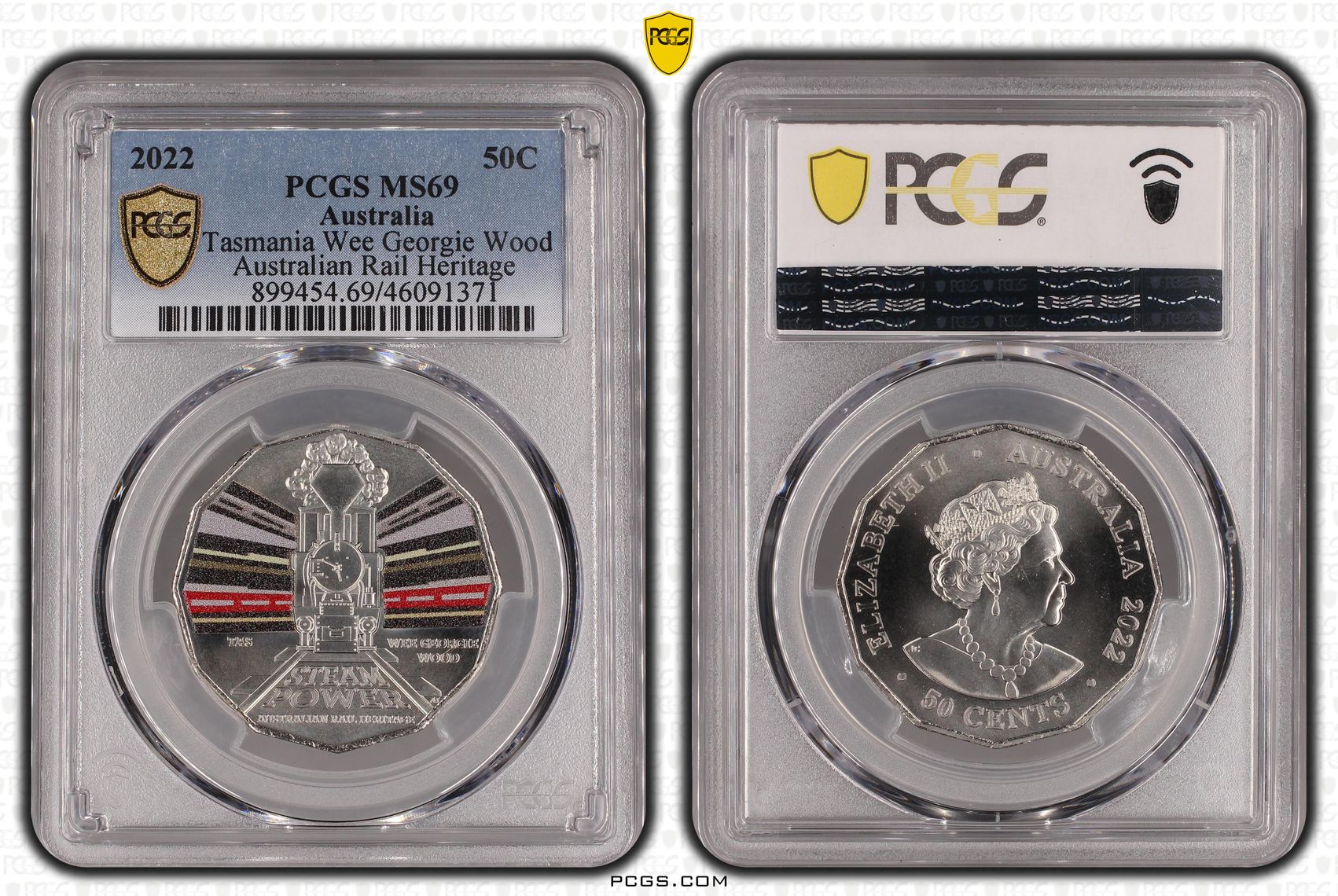 Tasmania Wee Georgie Wood Rail Heritage Colourised, Fifty Cent, 2022, PCGS MS69