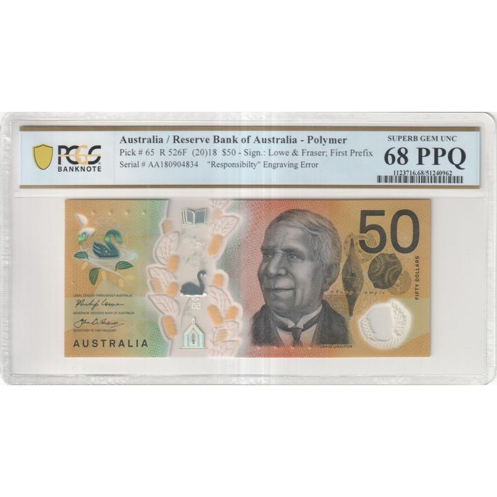 Lowe/Fraser, First Prefix, "Responsibilty" Engraving Error, Fifty Dollar, 2018, PCGS Superb Gem UNC 68 PPQ