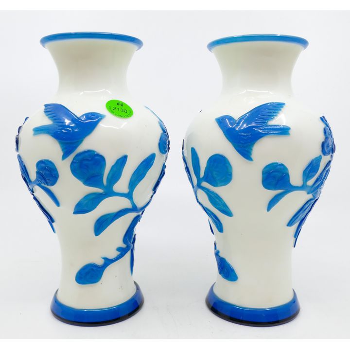 Pair Chinese Blue Carved Peking Glass Bird Vases 8''