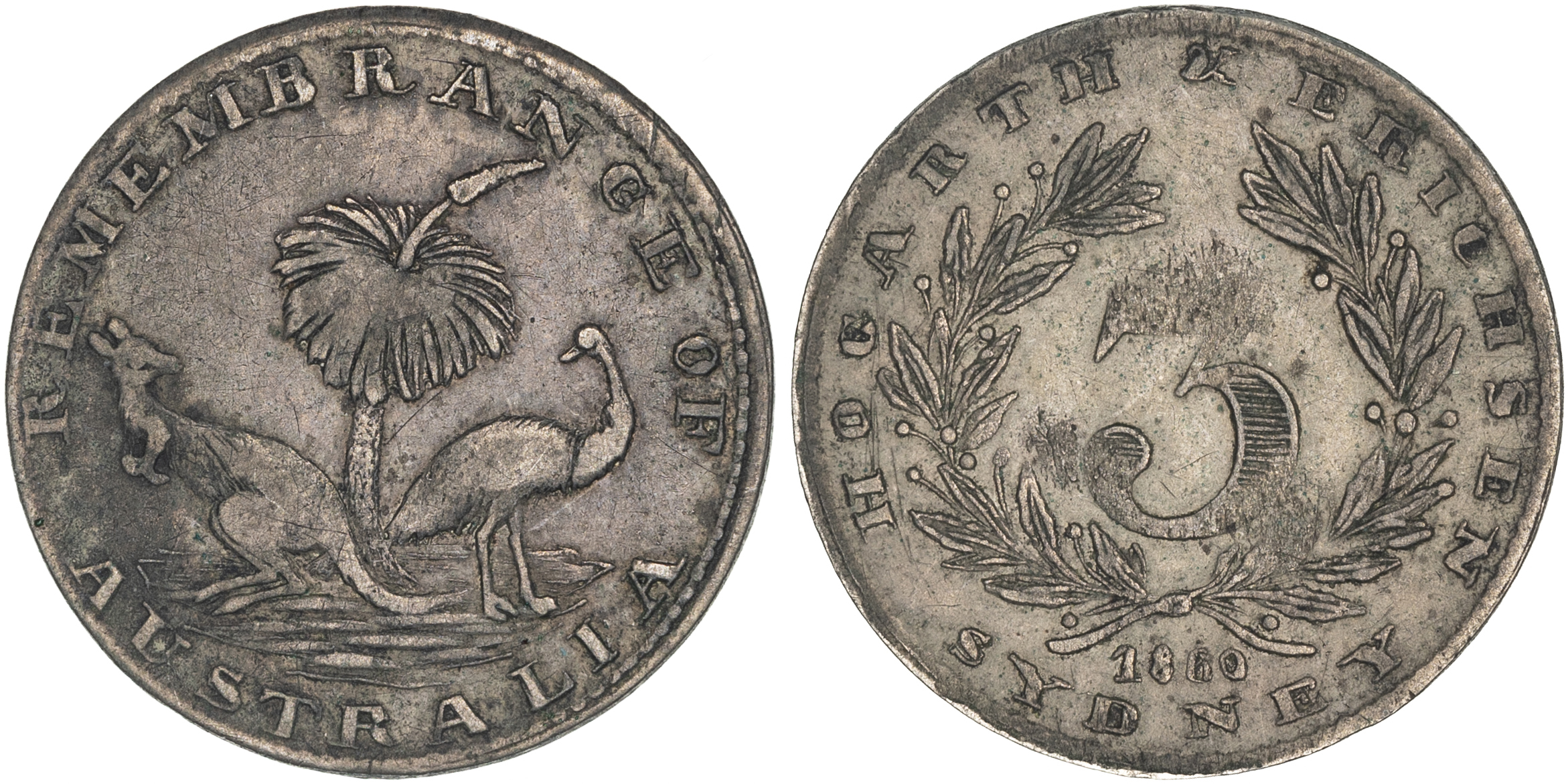 A.123 - Hogarth & Erichsen, Sydney, NSW, Threepence, 1860, gF