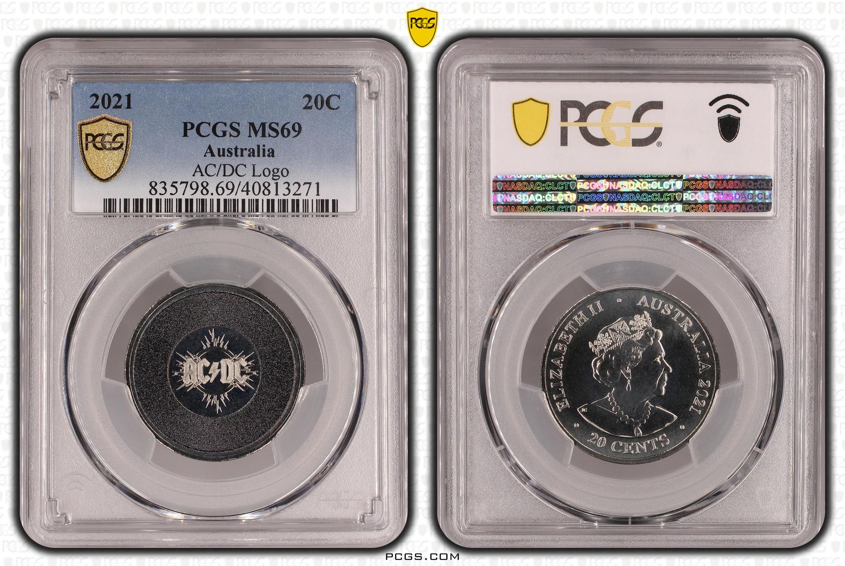 163 · Elizabeth II, AC/DC Logo  POP 57/0, Twenty Cent, 2021, PCGS MS69