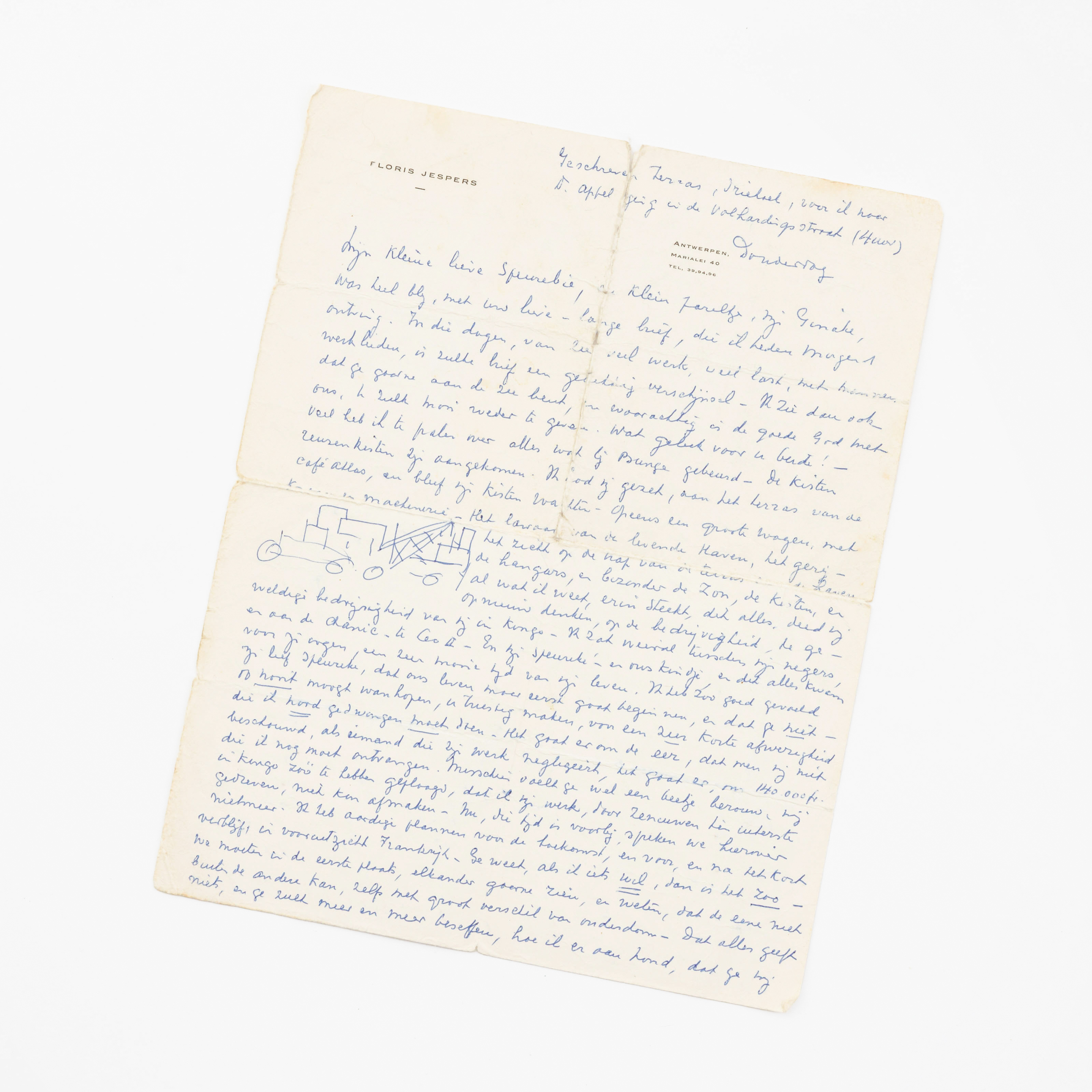 Original handwritten letter from Floris Jespers to 'Ma petite chère… (Denise Malfait)'. 1 p – kavel bij Bernaerts, Antwerp