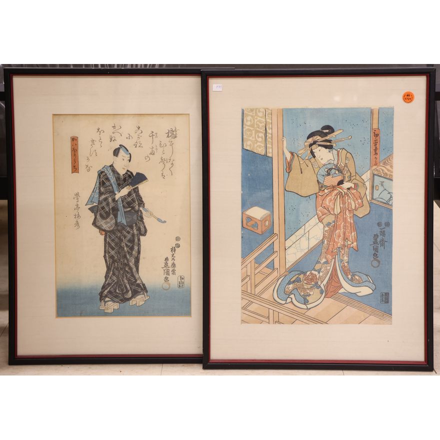 Pair Antique Toyokuni Japanese Woodblock Prints Framed 20''x15''