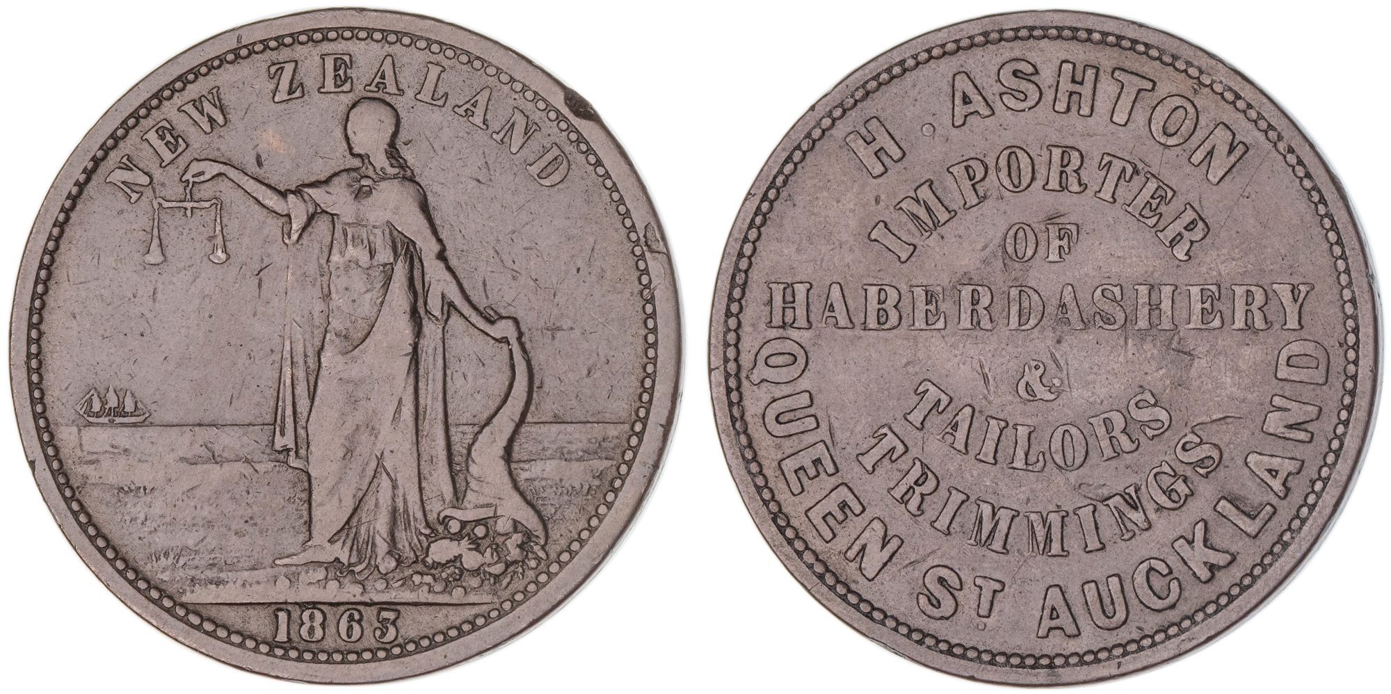 H. Ashton, Auckland, Penny, 1863, gFine