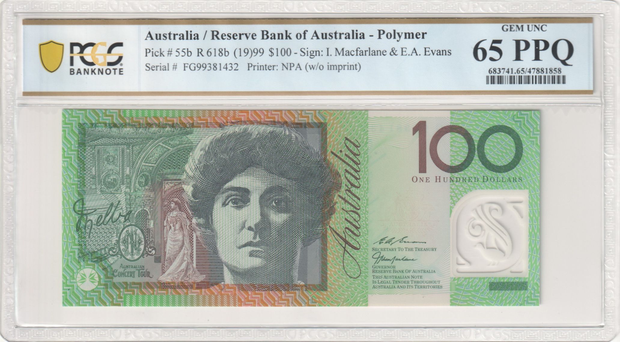 Macfarlane/ Evans, Hundred Dollar, 1999, PCGS Gem UNC 65 PPQ