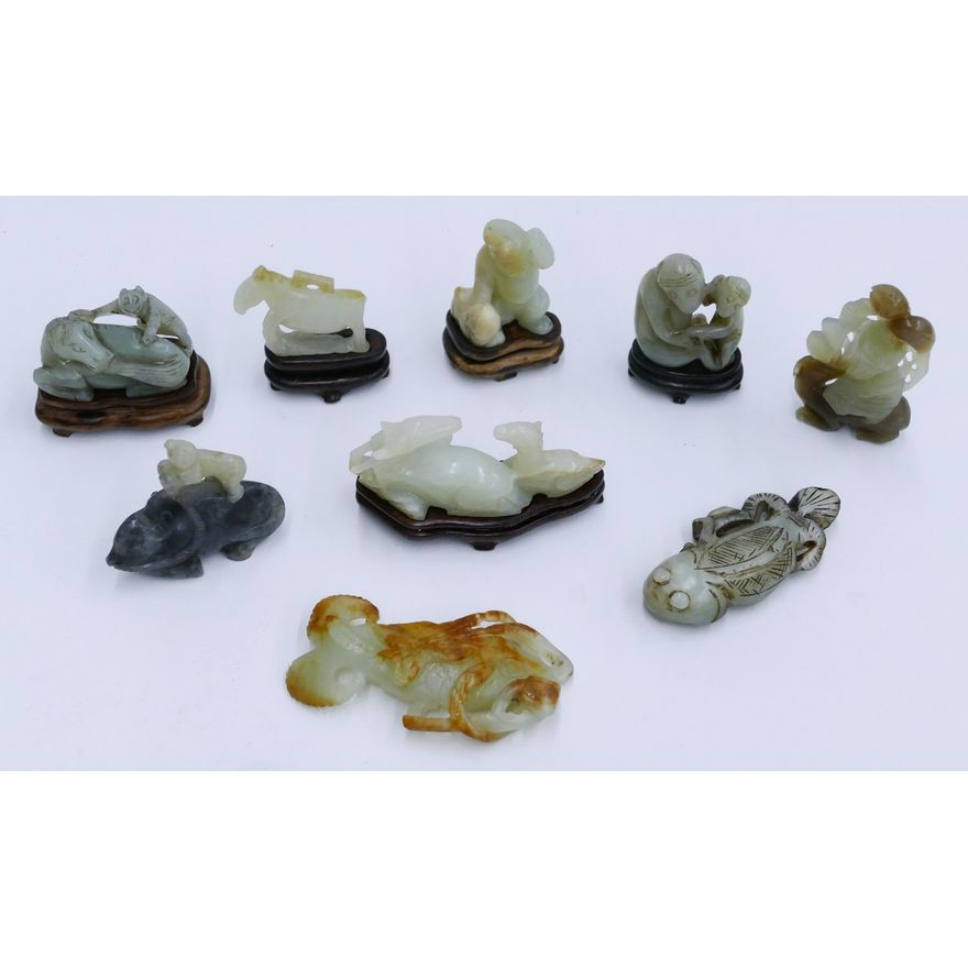 9pc Chinese Qing Jade Animal Pebble Carvings