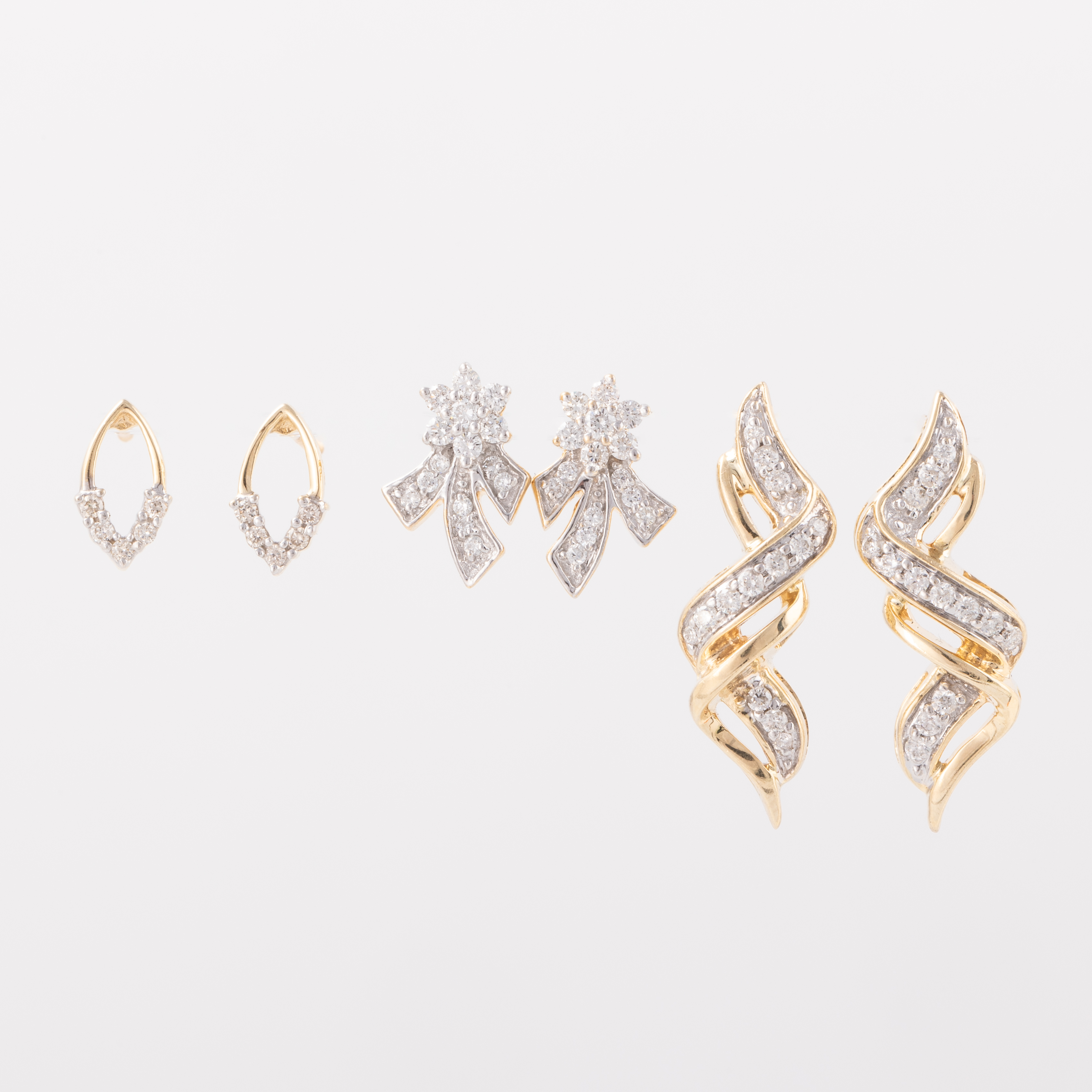 Three Pairs of 14ct Gold Diamond Earrings