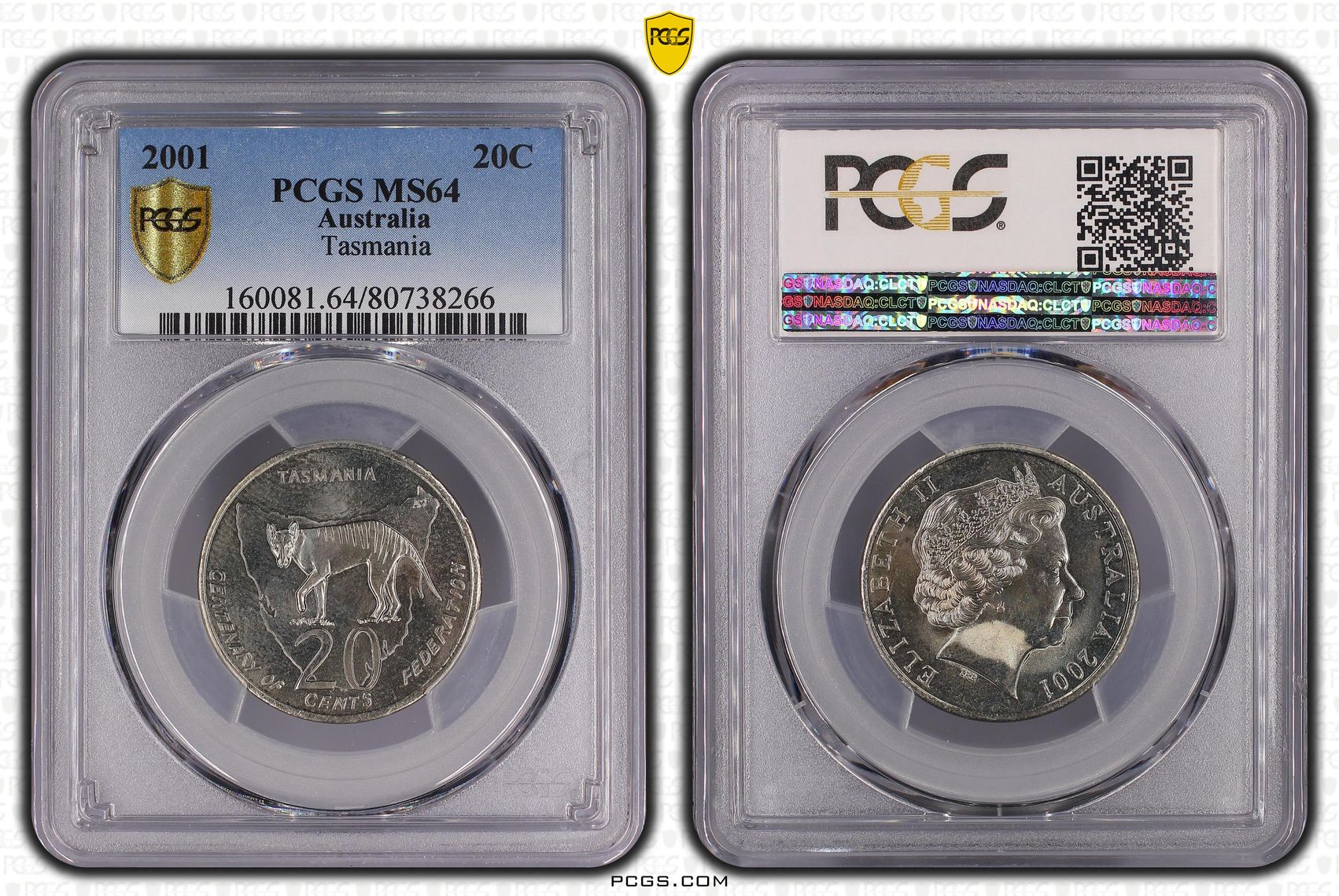 Elizabeth II, Tasmania, Twenty Cent, 2001, PCGS MS64