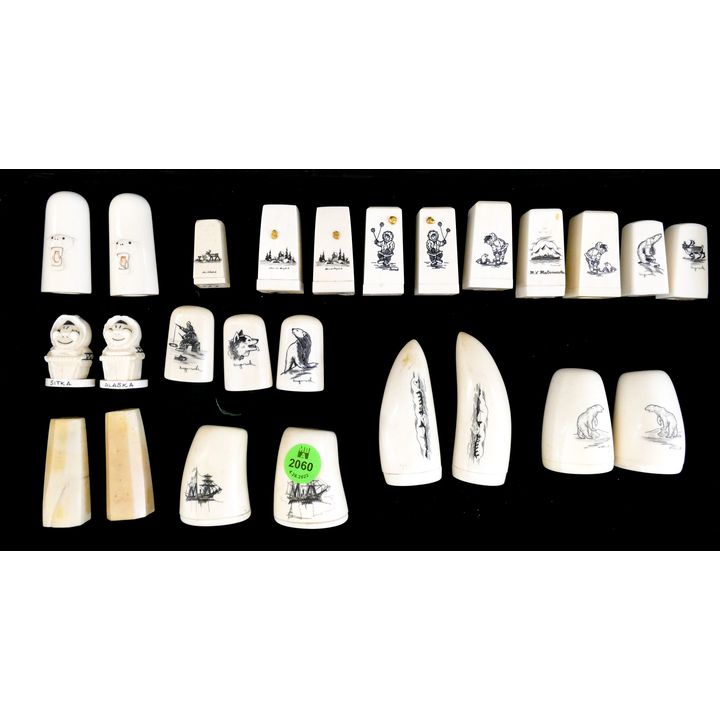 Tray Inuit Scrimshawed Salt & Pepper Shakers- 25pc- some with gold nuggets- 1'' to 3''