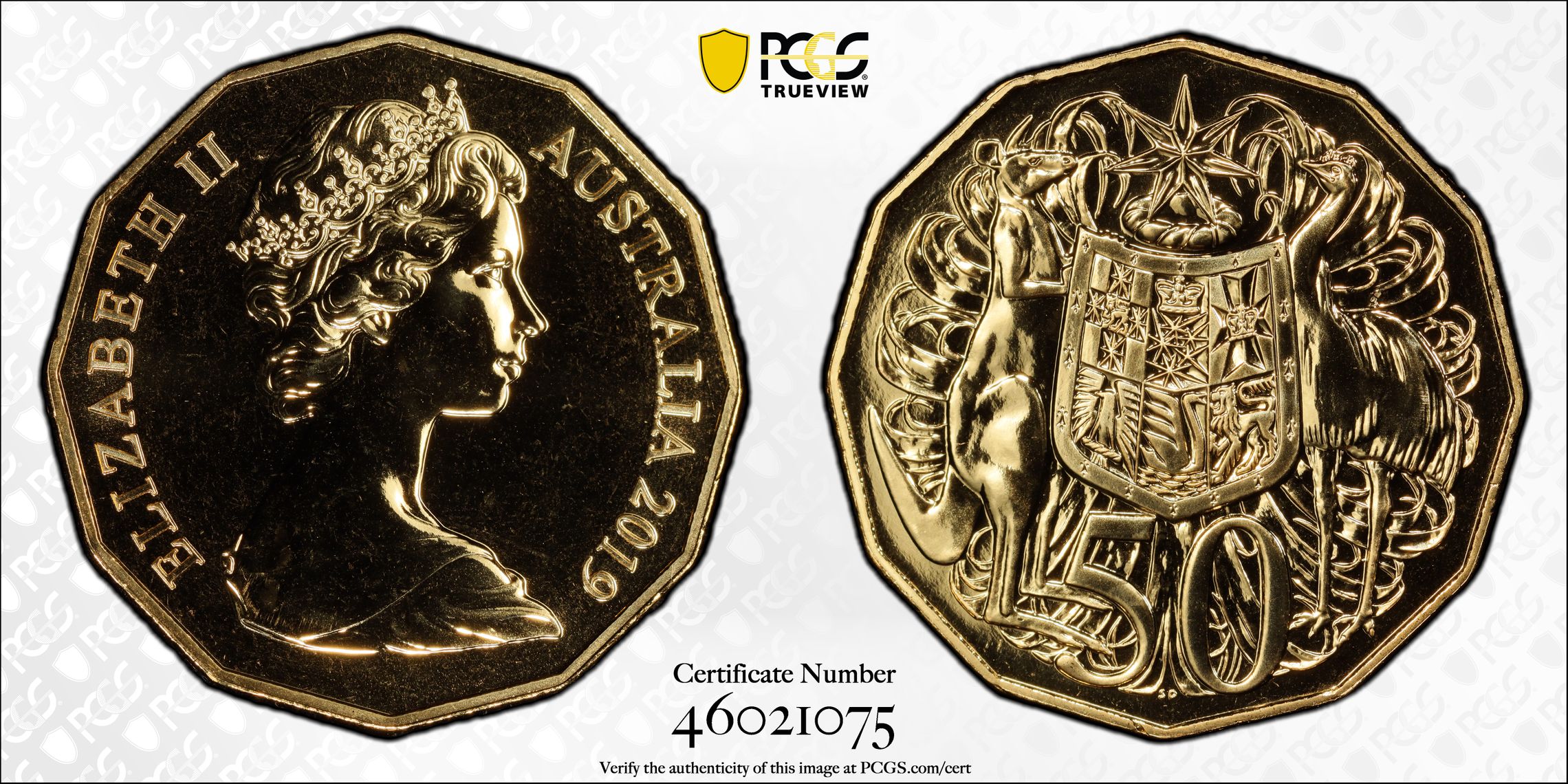 Dodecagon 50C 50th Ann. A. Machin Effigy Gilt, Fifty Cent, 2019, PCGS MS69