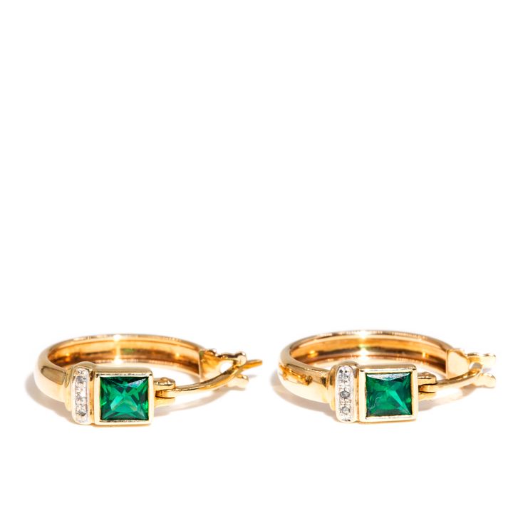 Diamond & Synthetic Emerald 9ct Gold Earrings,