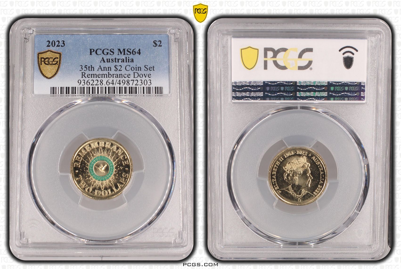 35th Ann $2 Coin Set Colourised Remembrance Dove, Two Dollar, 2023, PCGS MS64