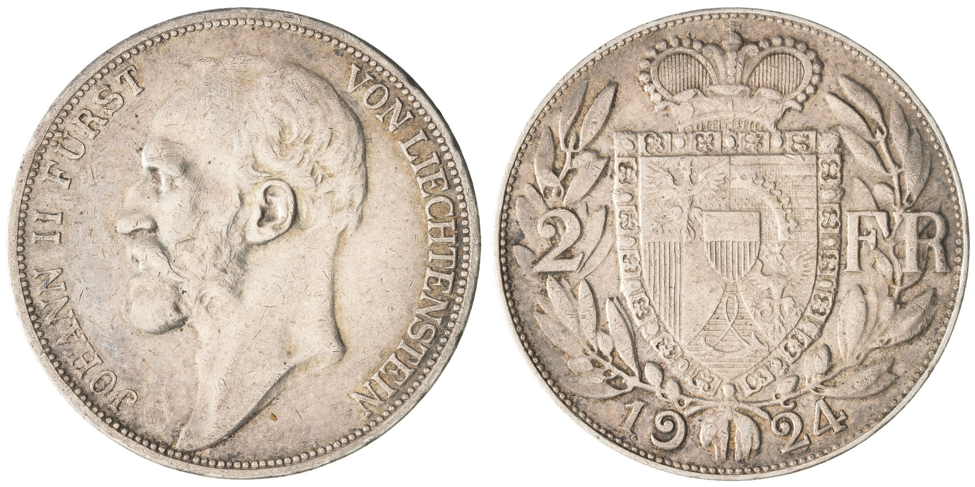 Liechtenstein, Johann II, Two Franken, 1924, Fine