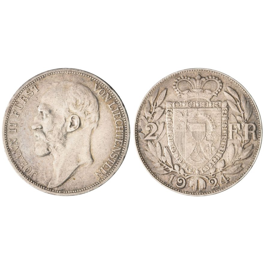 Liechtenstein, Johann II, Two Franken, 1924,  Fine