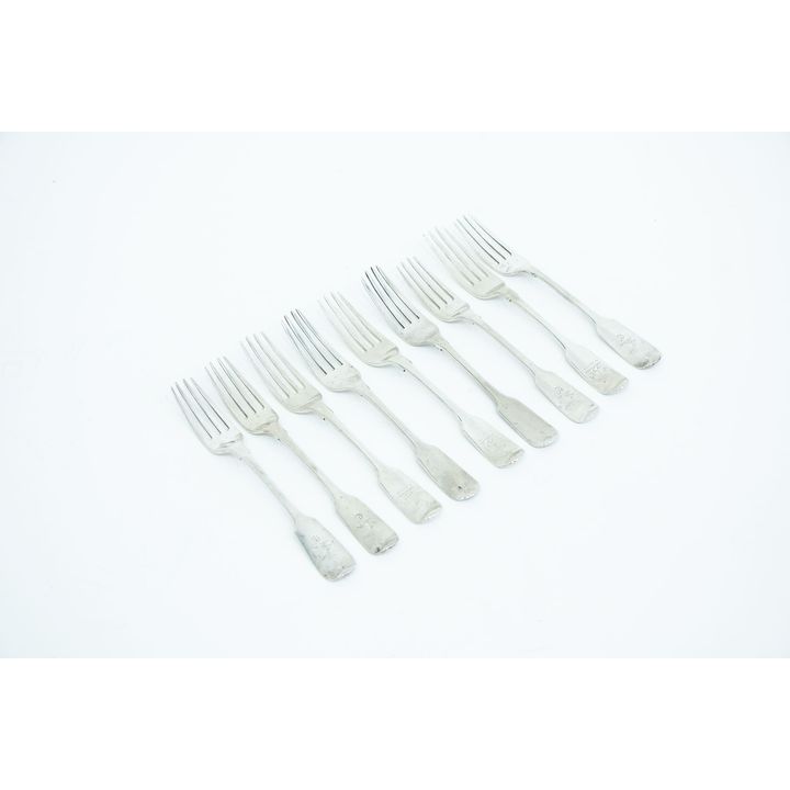 Nine silver Fiddle pattern dessert forks