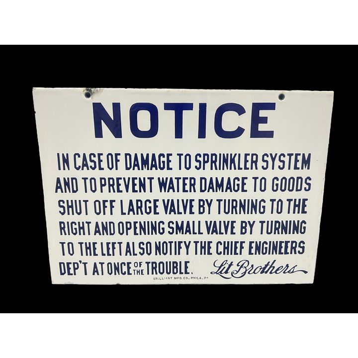 DSP Notice Sprinkler System Lit Brothers Porcelain Sign