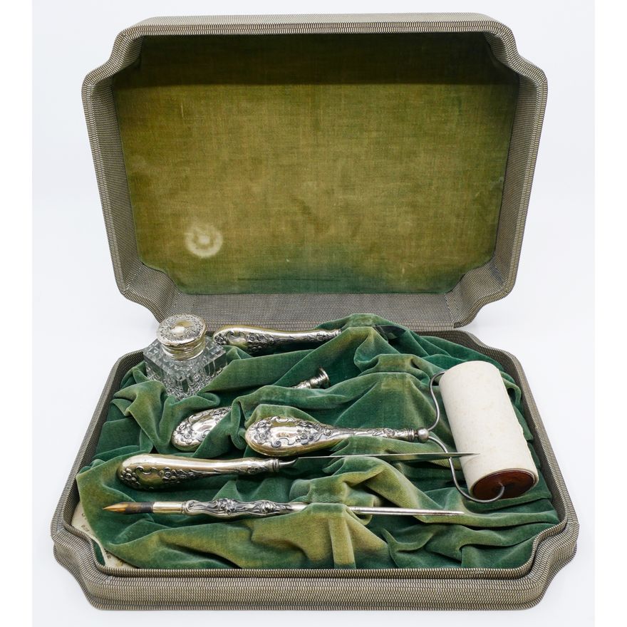 Antique Floral Sterling Desk Set in Velvet Case 6pc