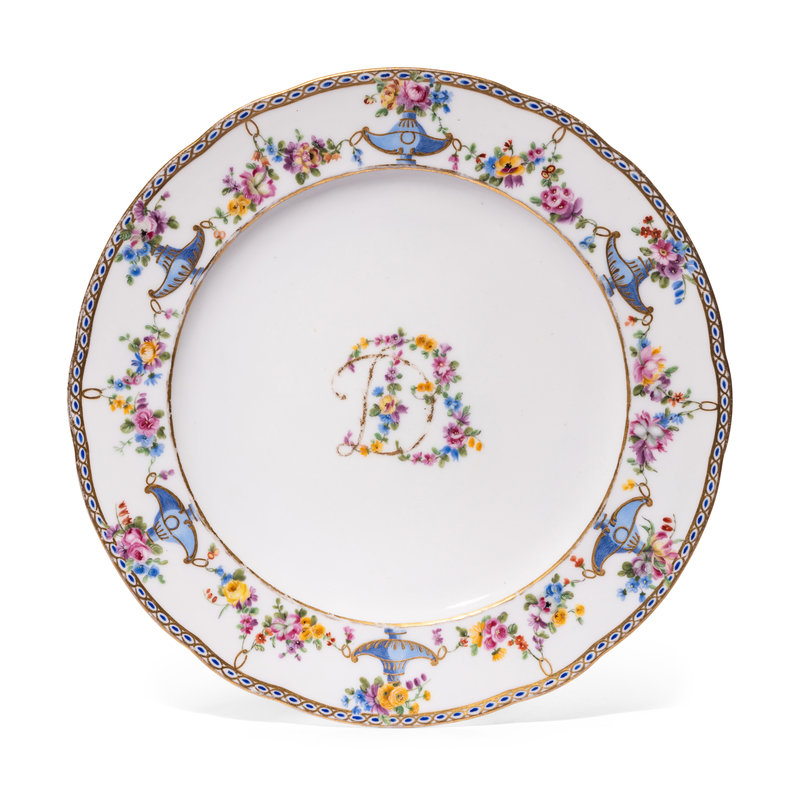A Sèvres Porcelain Plate Later Decorated to Match the 'Service Petits Vases et Guirlandes' Ordered for the Comtesse Du Barry