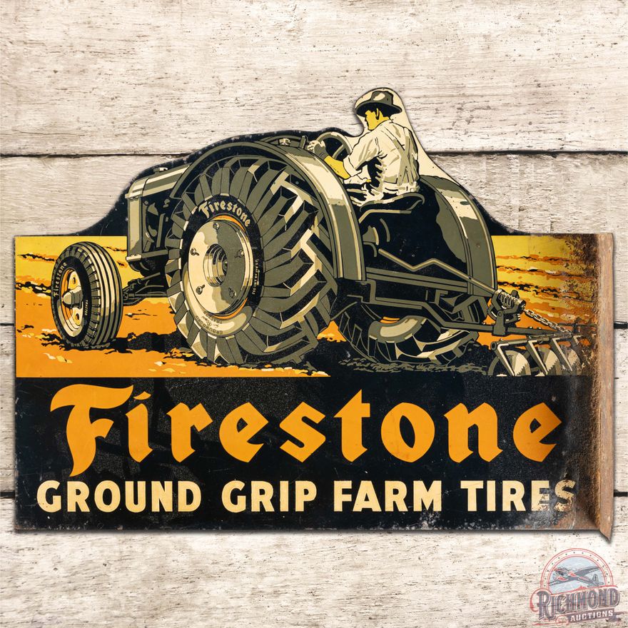 Rare Firestone Ground Grip Farm Tires DS Tin Flange Sign w/ Tractor