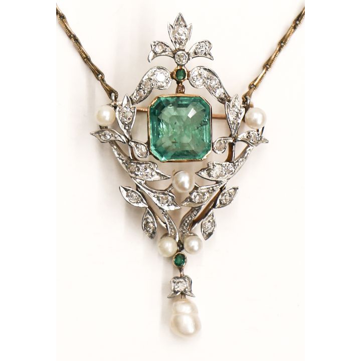 Edwardian Emerald & Diamond Lavalier Necklace