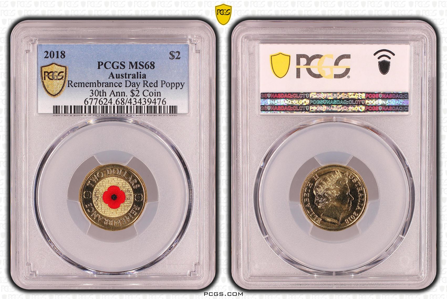 2018 Australia Two Dollar, $2 Remembrance Day Red Poppy 30th Ann. $2 Coin PCGS - MS68 -476