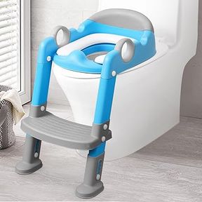 Potty Training Seat with Ladder Soft Cushion and Splash Guard Boys and Girls,Foldable Toddler Toilet Training Seat(Grey Blue)