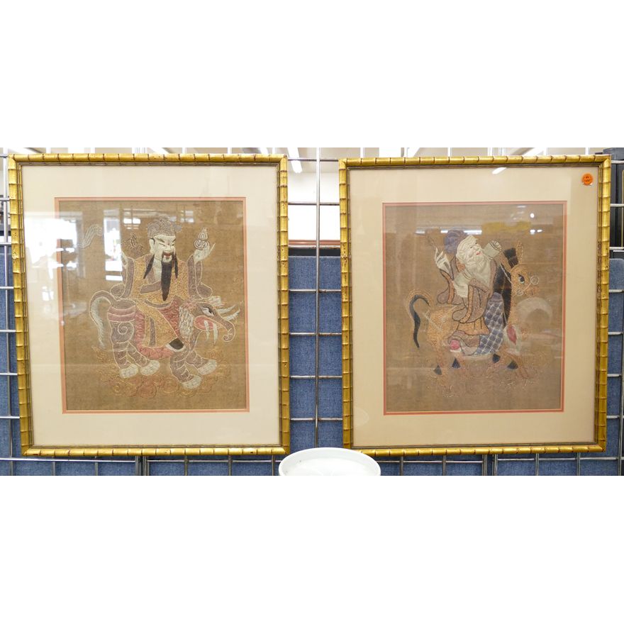 Pair Old Chinese Gold Thread Embroideries Framed 20''x18''
