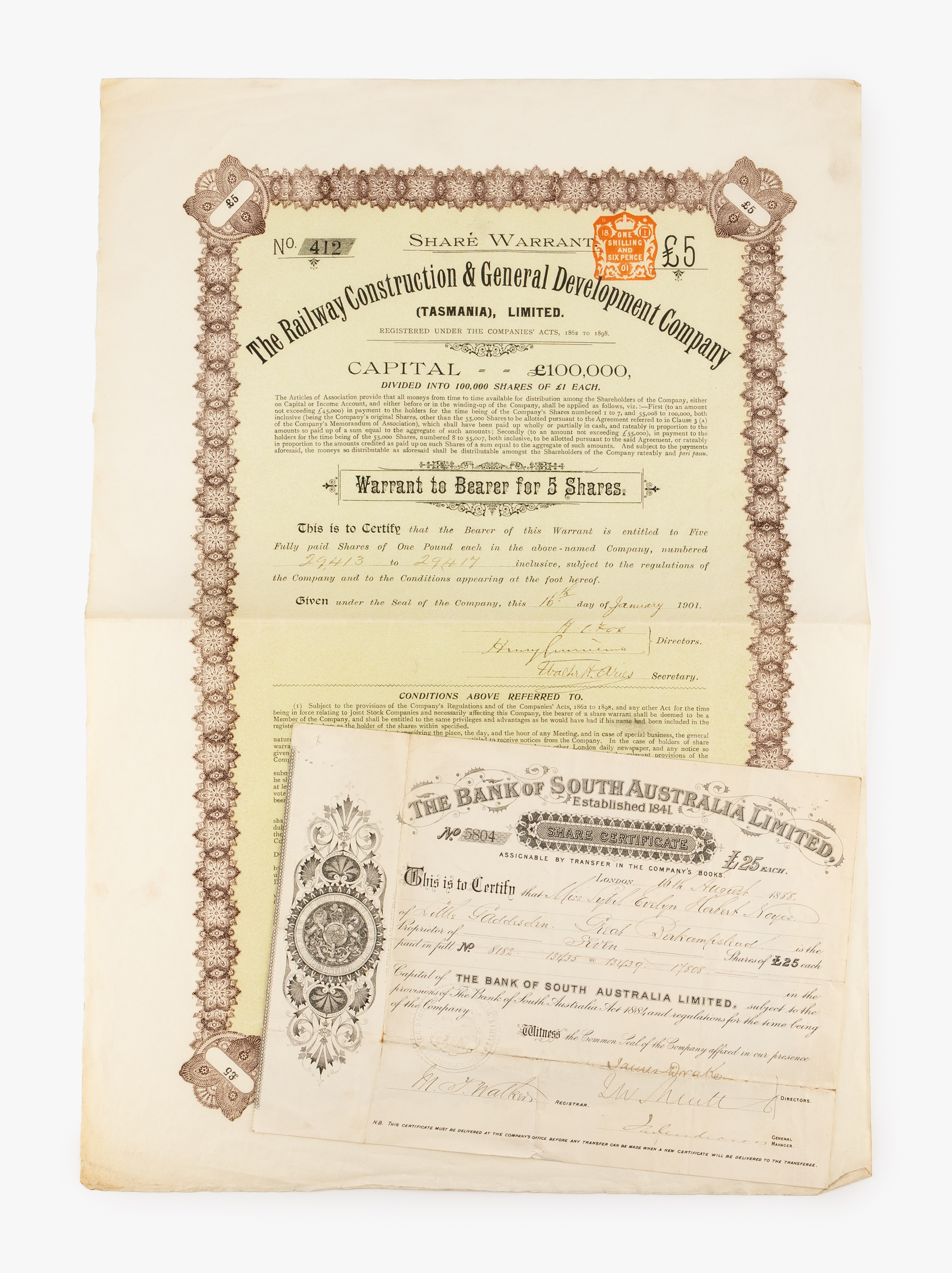 The Bank of South Australia Ltd & The Railway Construction & Gen Dev Company, Tasmania, 1888 - 1901, VF - EF