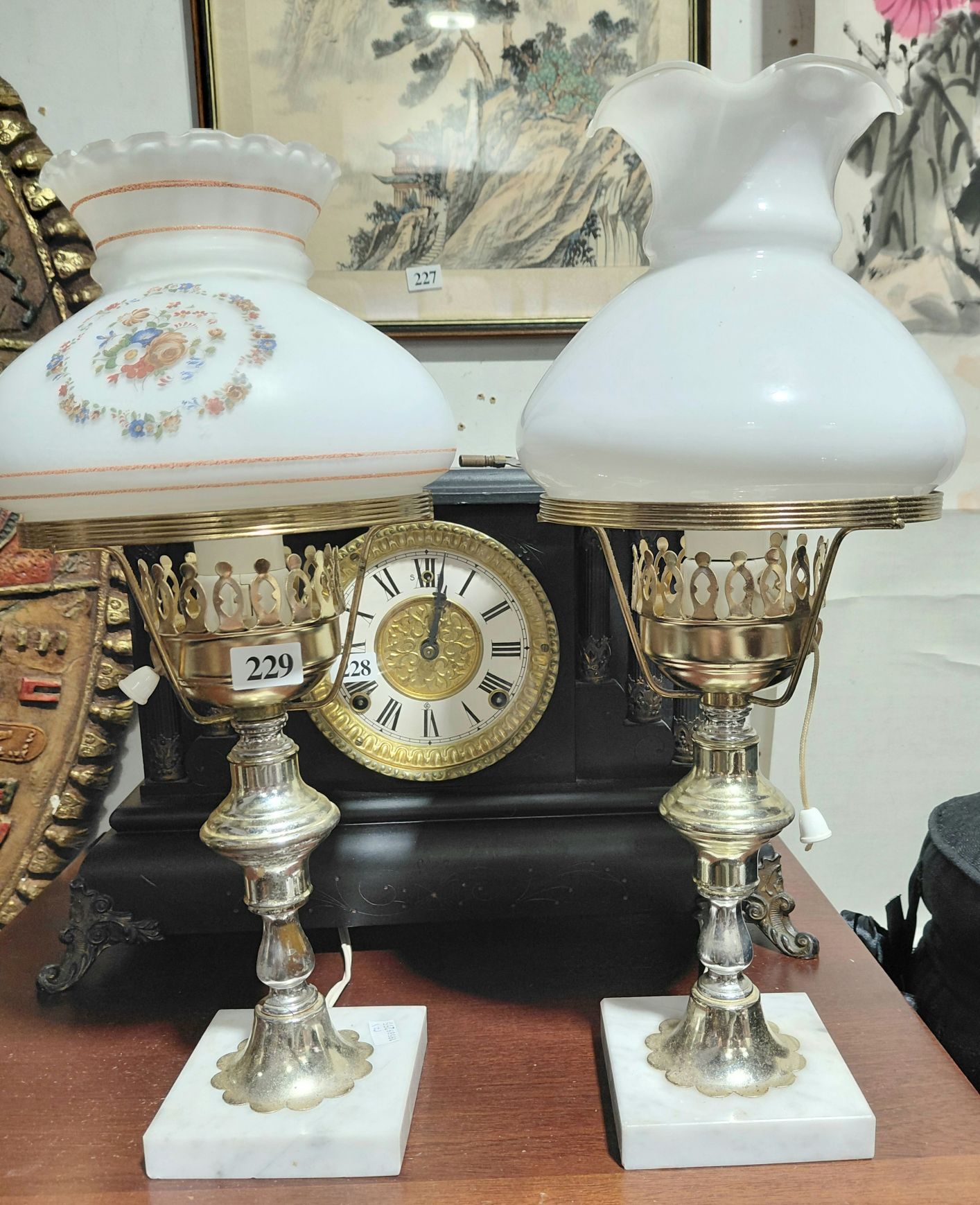 229 · 2 ELECTRIC MILK GLASS SHAPE LAMPS
