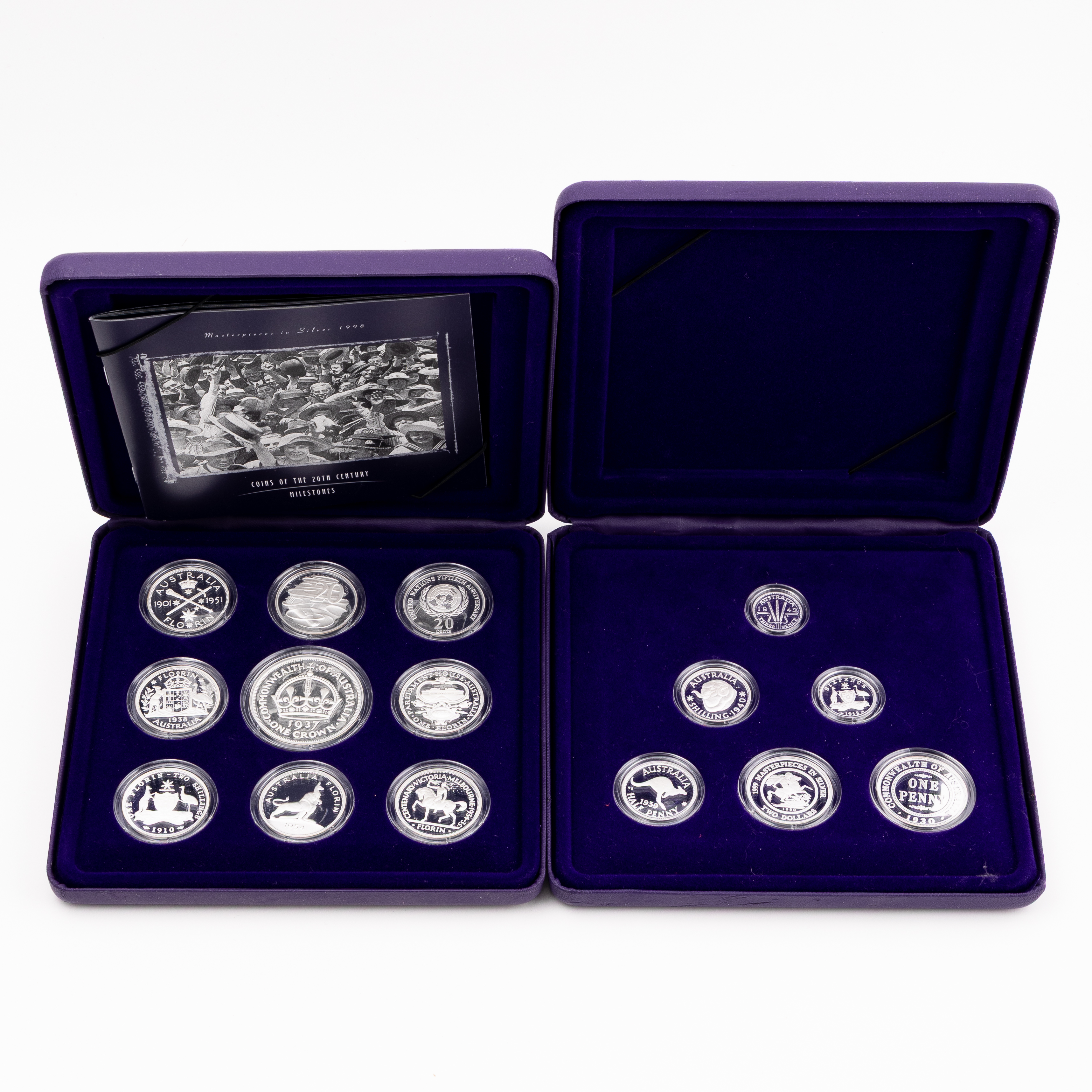 Elizabeth II, Masterpieces in Silver - Coins of the 20th Century Milestones & Memories, Five Cents - Two Dollars, 1998 - 1999, FDC