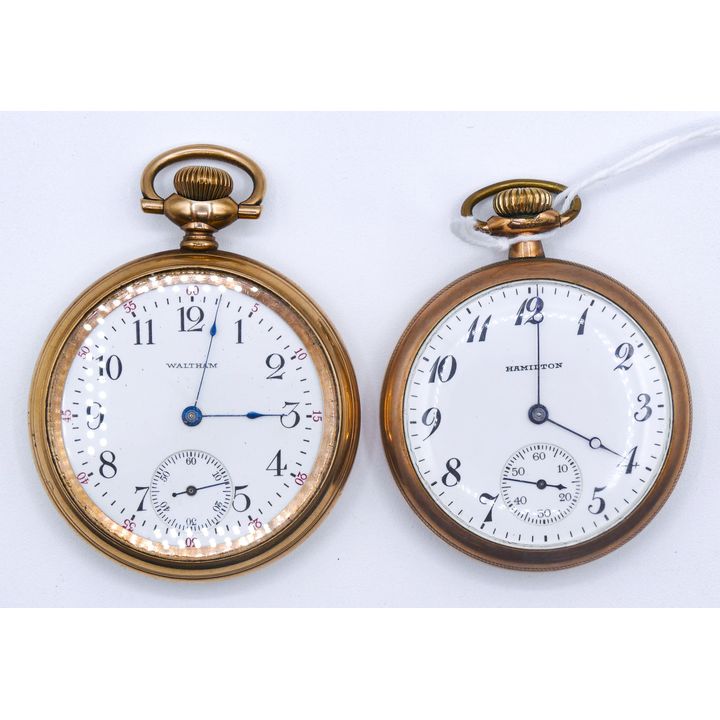 2pc Antique Hamilton 974 and Waltham GF Pocket Watches