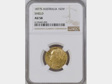 1877 VICTORIA YOUNG HEAD SYDNEY MINT SHIELD GOLD SOVEREIGN AU58