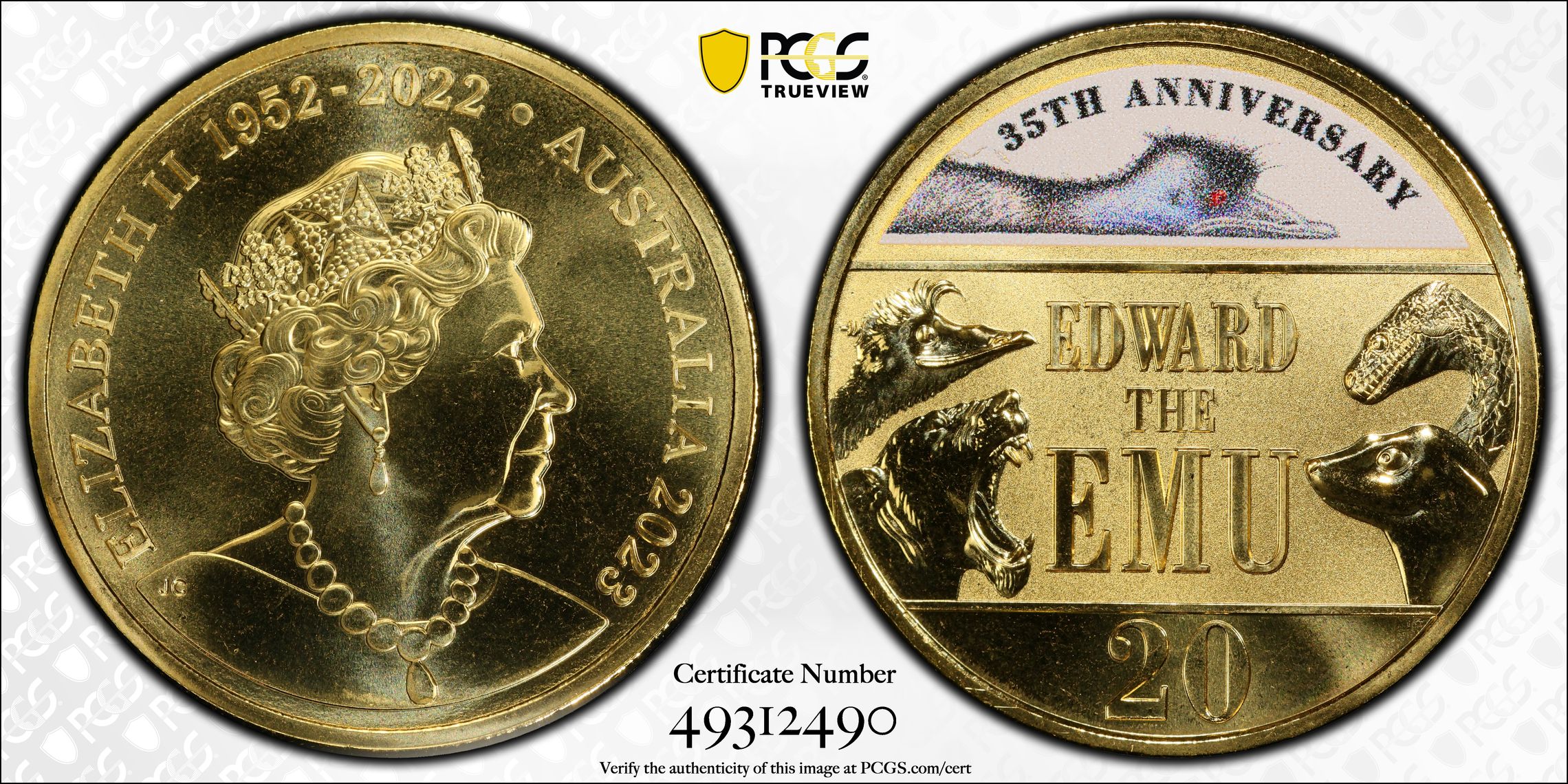 110 · Edward the Emu 35th Ann. Gilt CuNi, Twenty Cent, 2023, PCGS MS69