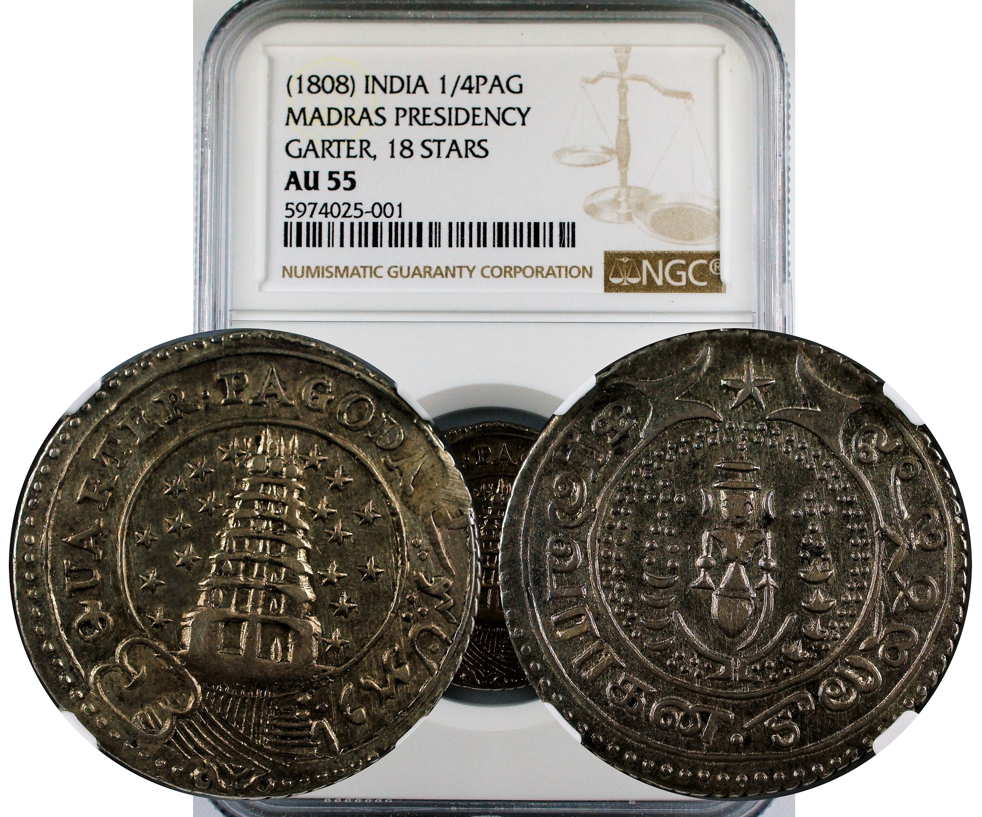India 1808 Madras Presidency 1/4 Pagoda 18 Starts, Garter NGC AU55