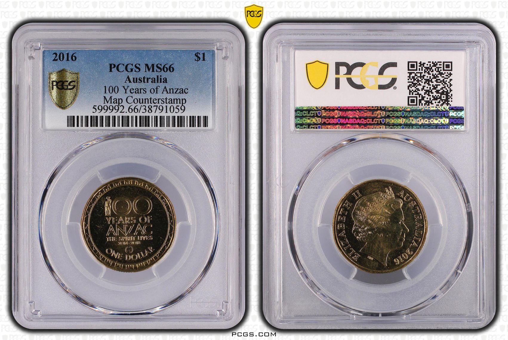 2016 Australia One Dollar, $1 100 Years of Anzac, Map Counterstamp PCGS - MS66 -059
