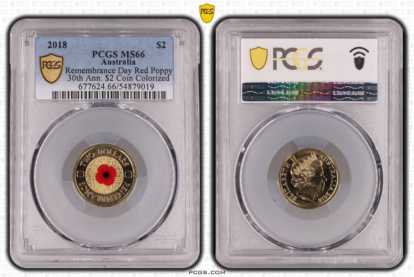 Remembrance Day Red Poppy 30th Ann. $2 Coin Colorized, Two Dollar, 2018, PCGS MS66