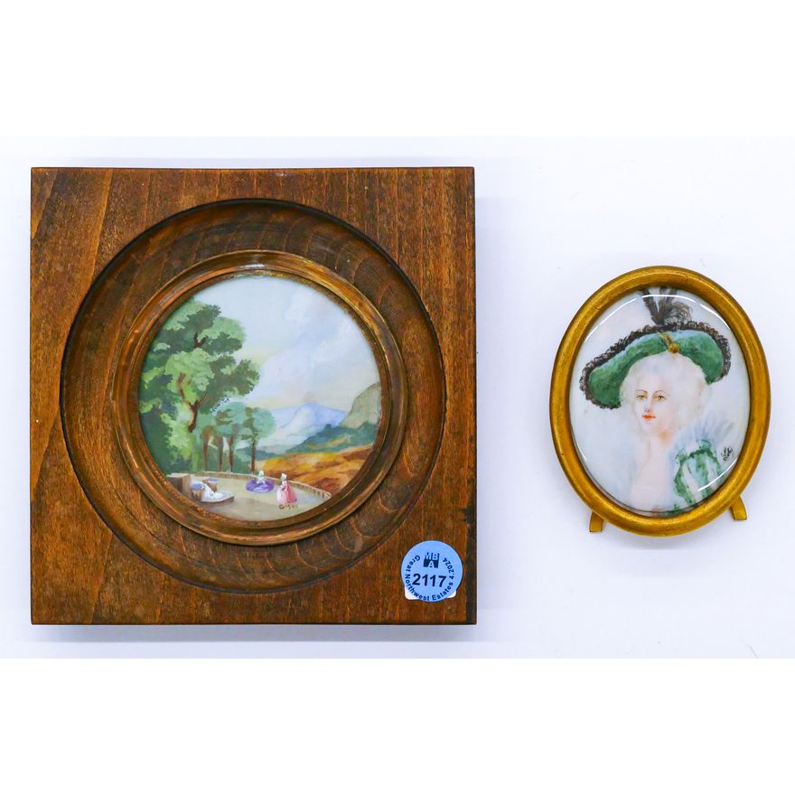 2pc Old Miniature Portrait & Landscape Paintings Framed