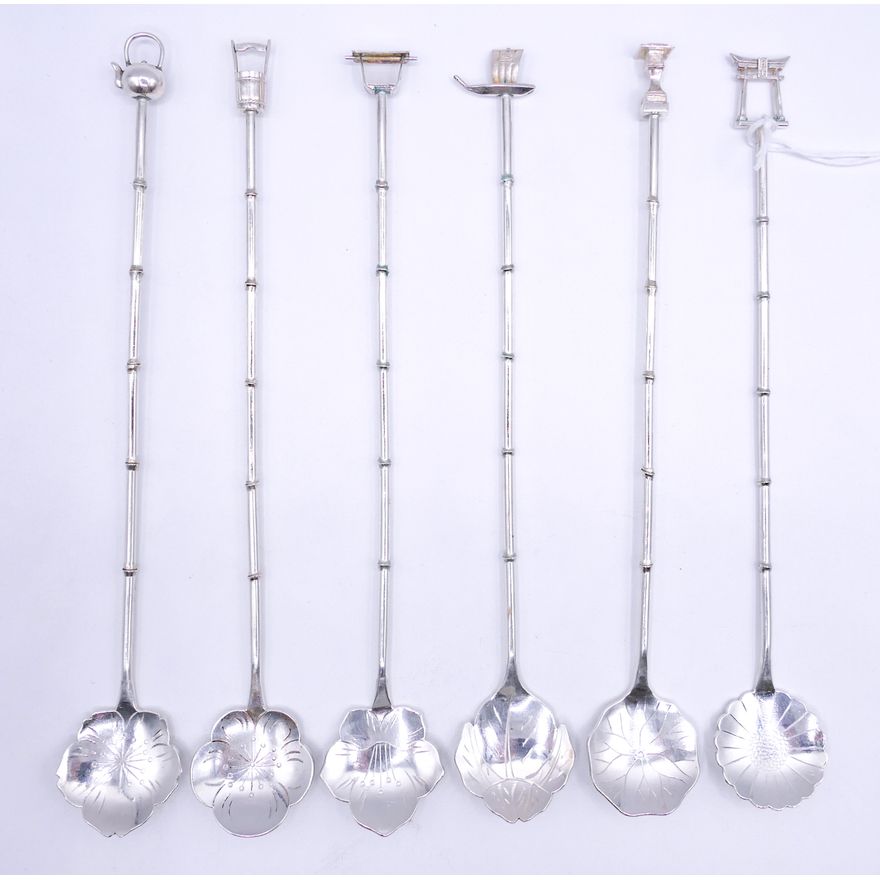 Set 6 Japanese 950 Silver Figural Iced Tea Spoons 8.5'' - 145 Grams TW