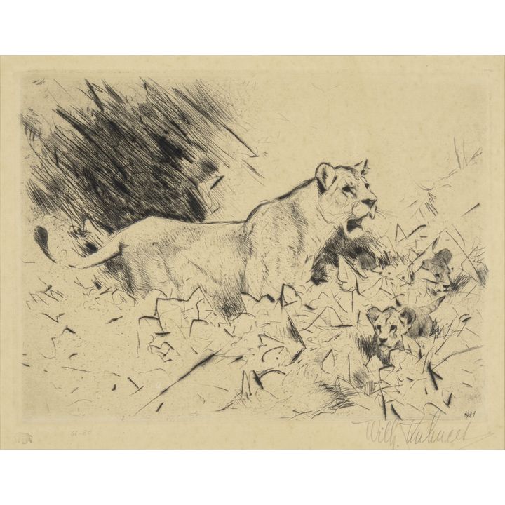 Wilhelm Kuhnert (1865-1926), Lioness with Cubs, 1921