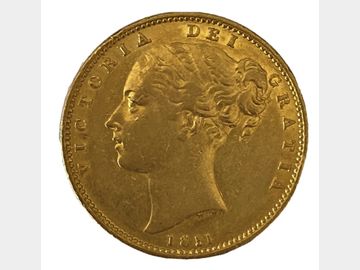 1851 VICTORIA YOUNG HEAD LONDON MINT SHIELD GOLD SOVEREIGN