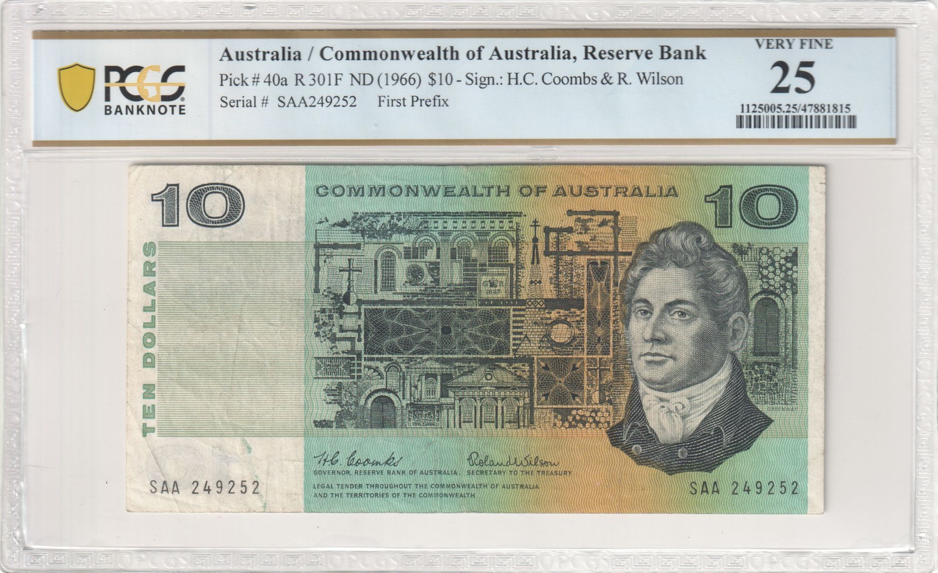 Coombs/ Wilson, First Prefix, Ten Dollar, 1966, PCGS Very Fine 25