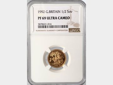 1992 ELIZABETH II PROOF GOLD HALF SOVEREIGN PF69 ULTRA CAMEO